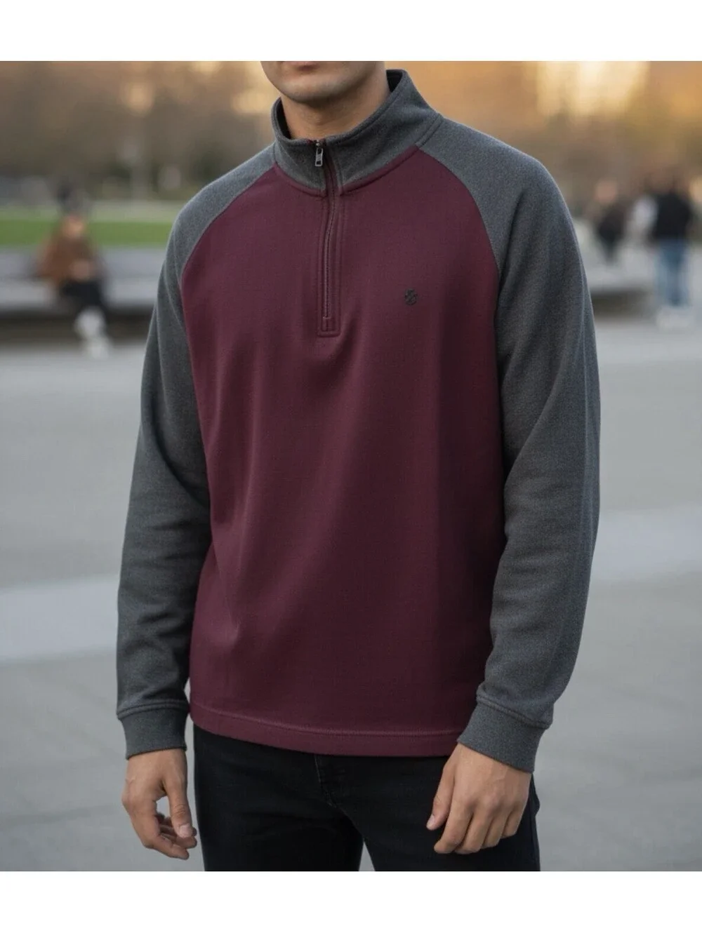 IZOD Men’s 1/4 Zip Pullover Medium Burgundy Gray Cotton Preppy Academic